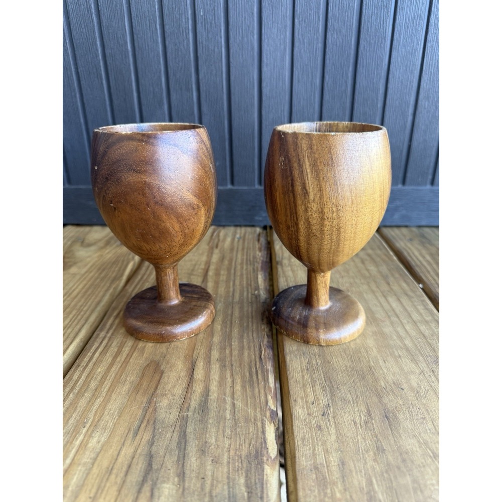 2 Vintage Mid-Century Modern Brown Wooden Collectible Wine Goblets Glass Teak?
